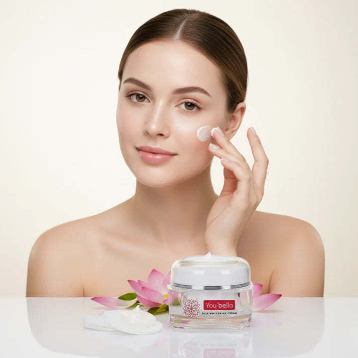 you bello skin whitening cream jar with model