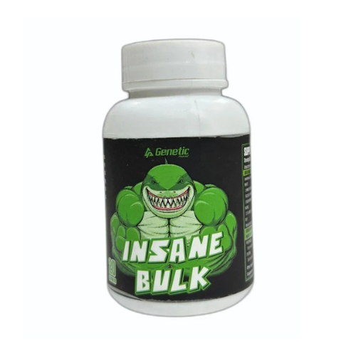 Supplement bottle labeled 'Insane Bulk' with a graphic of a muscular green character on a white background.