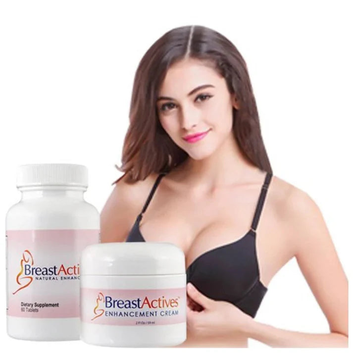 Woman holding BreastActives cream and supplement on a white background