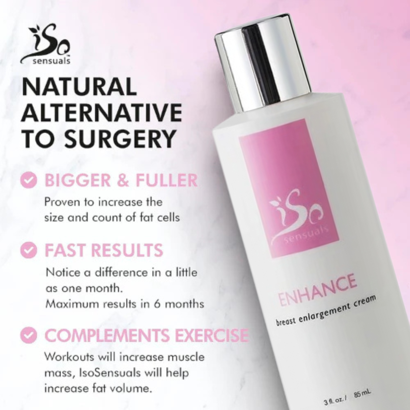 Bottle of Iso Sensuals breast enlargement cream with promotional text on a pink background