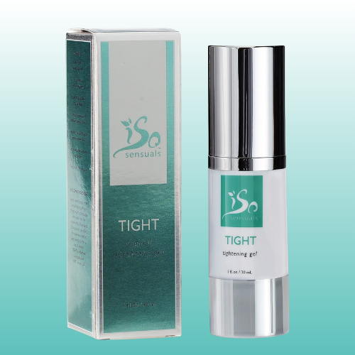Skincare product with packaging labeled 'ISO Sensuals Tight' on a light blue background