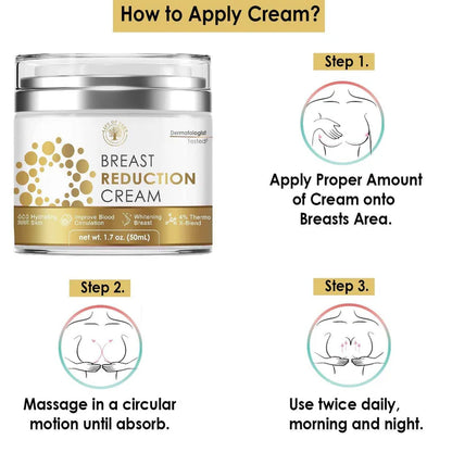 Breast reduction cream with application instructions on a white background