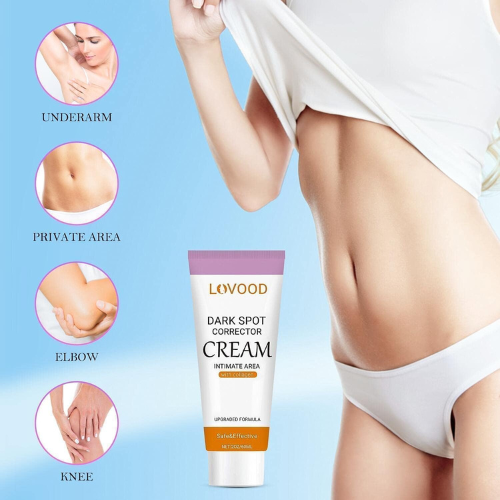Lavood Dark Spot Corrector Cream with a person wearing white underwear on a blue background
