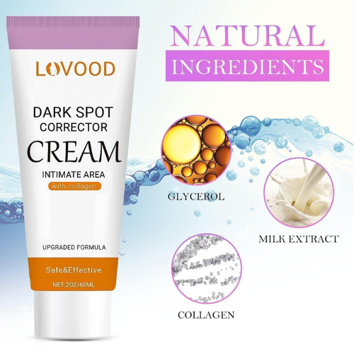 Lavood Dark Spot Corrector Cream tube with natural ingredients on a blue background