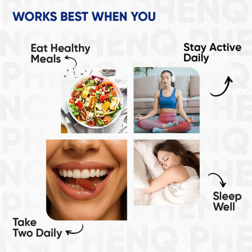 Health and wellness tips with images of eating, exercising, and sleeping on a light gray background.
