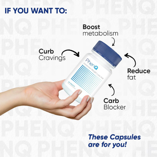 Hand holding a bottle labeled 'PhenQ' with text about weight loss benefits on a white background.