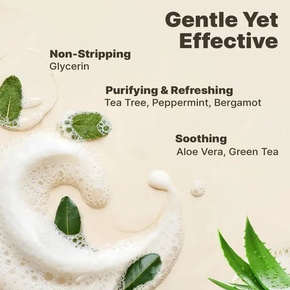 Product packaging with text about ingredients and benefits on a beige background