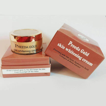 Preeda Gold skin whitening cream with packaging on a white background