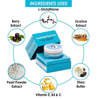 Freeda Gluta Fast Cream with ingredients listed around it on a white background