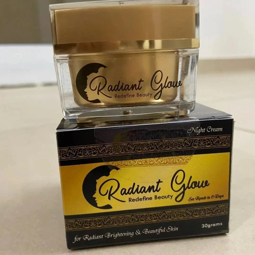 Radiant Glow night cream jar and packaging on a light surface