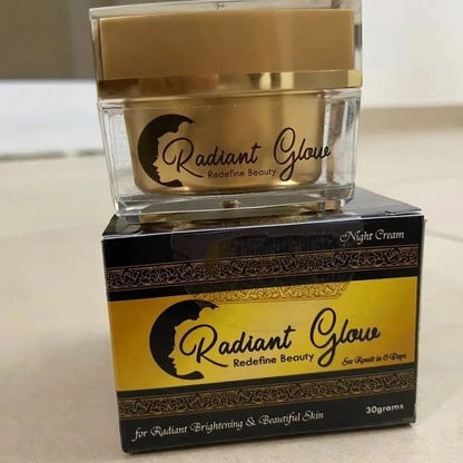 Radiant Glow night cream jar and packaging on a light surface