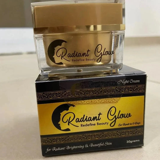 Radiant Glow night cream jar and packaging on a light surface