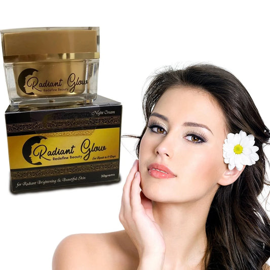 Radiant Glow skincare product with a woman and a flower on a white background