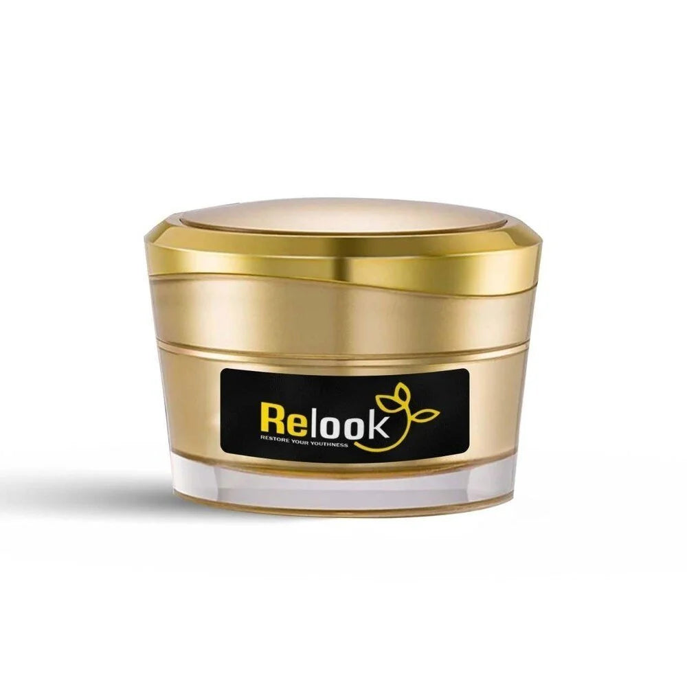 Gold jar with 'Relook' label on a white background