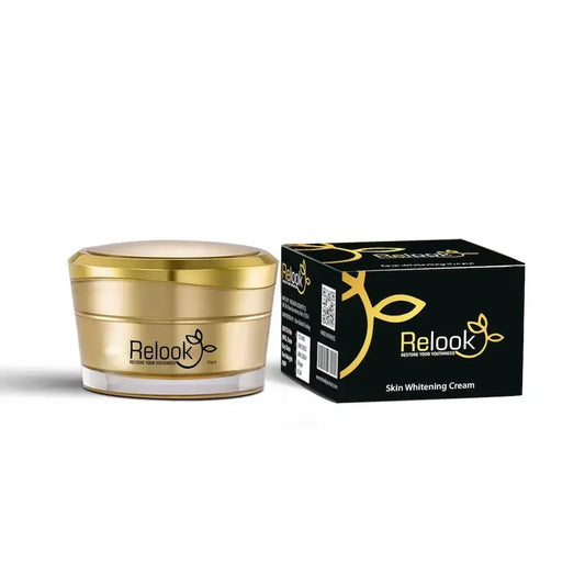 Gold jar and black box of Relook skin whitening cream on a white background