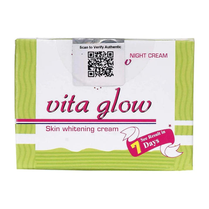 Vita Glow skin whitening cream packaging with QR code and text on a white background