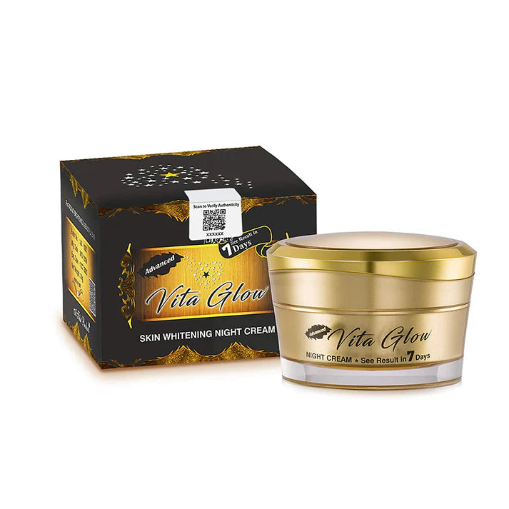 Vita Glow skin whitening night cream jar and packaging on a white background