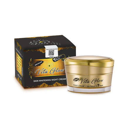 Vita Glow skin whitening night cream jar and packaging on a white background