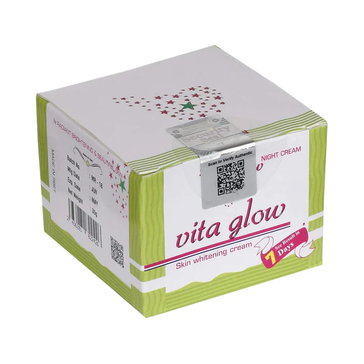 Vita Glow skin whitening cream box on a white background