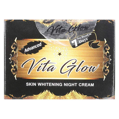 Vita Glow skin whitening night cream packaging with gold and black design.