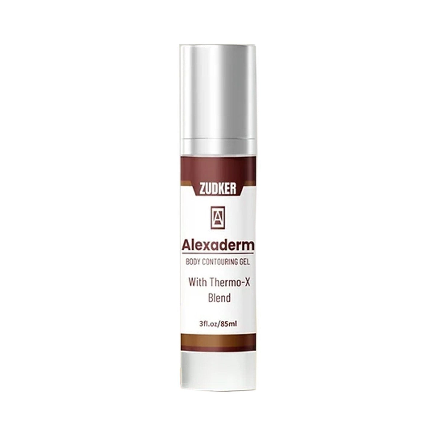 Alexaderm body contouring gel bottle with silver cap on a white background