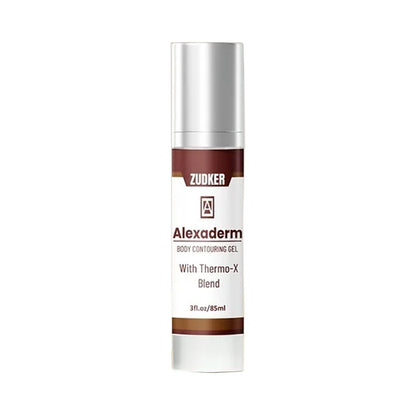 Alexaderm body contouring gel bottle with silver cap on a white background