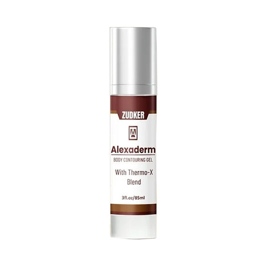 Alexaderm body contouring gel bottle with silver cap on a white background